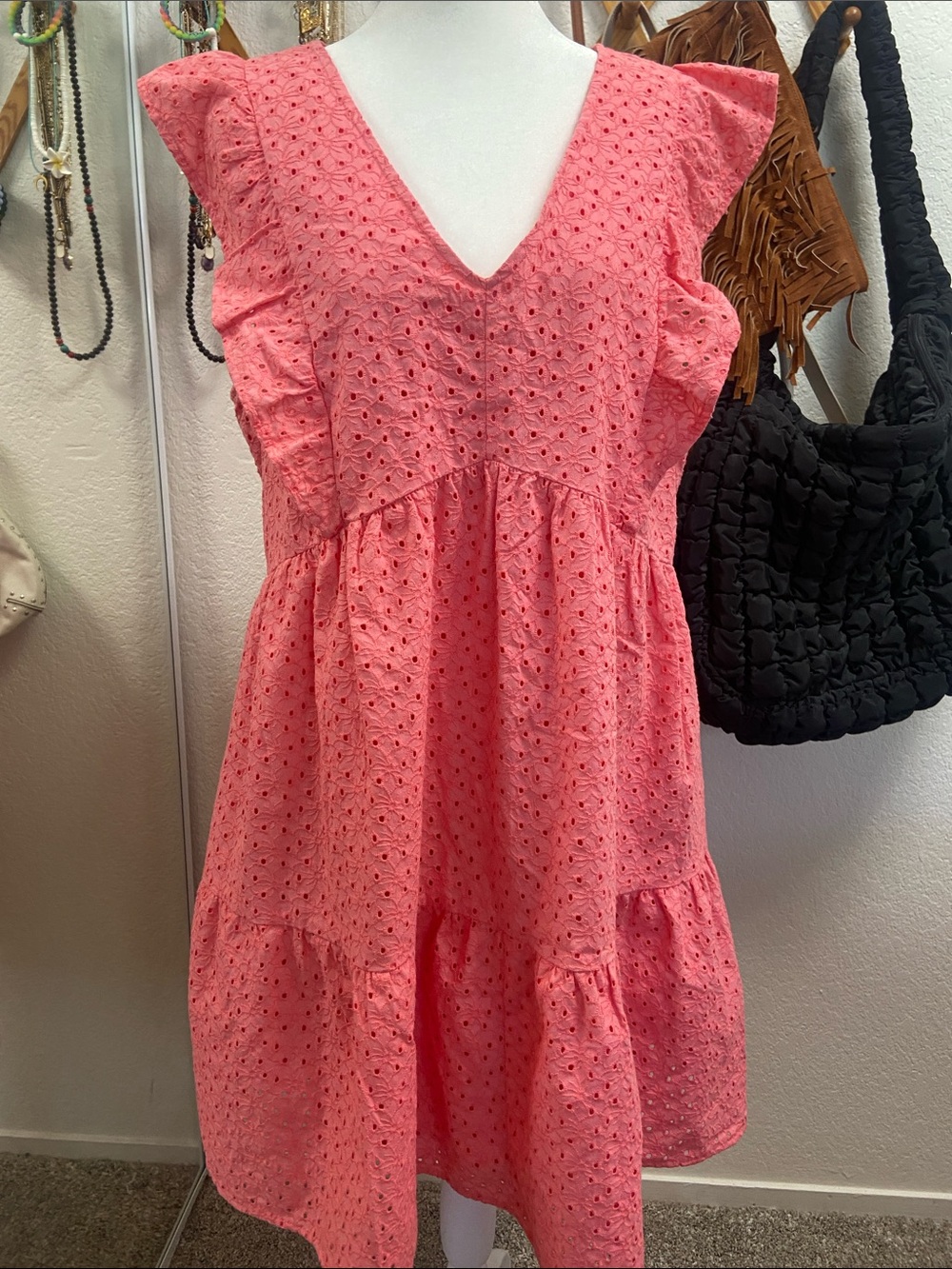 Coral Eyelet V-Neck Ruffle Tiered Dress Large 12-14
